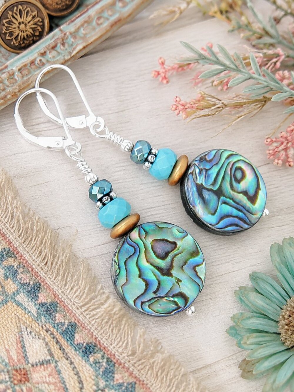 Abalone Earrings Sterling Silver Leverback Dangle Boho Southwest Style